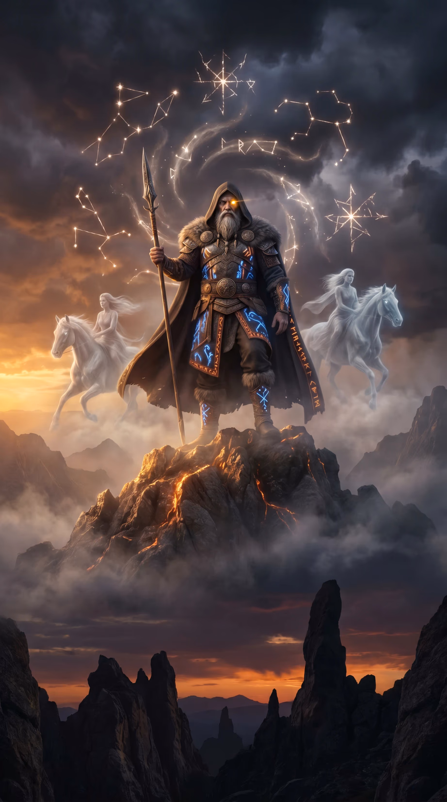 Óðinn the All-Father, spear in hand beneath a stormlit sky