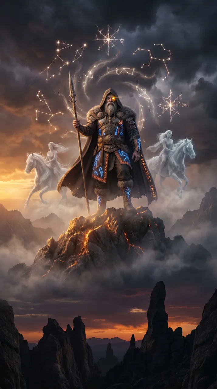 Óðinn the All-Father — a one-eyed, grey-bearded wanderer in a wide-brimmed hat and cloak, leaning on a spear.